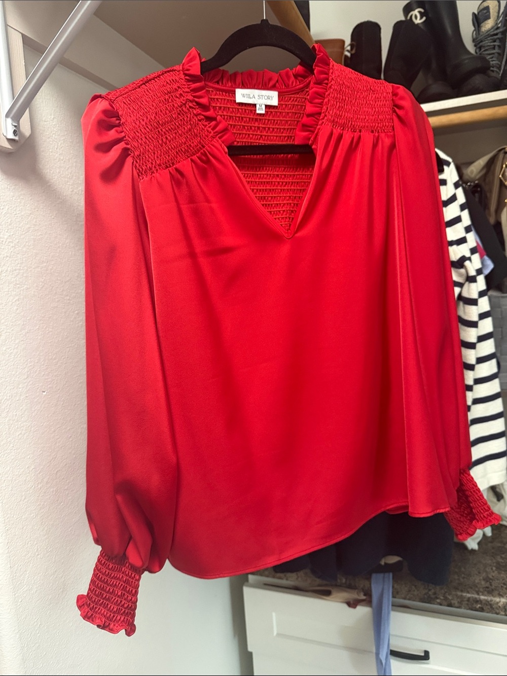 Red Smocked V-Neck Long Sleeve Top